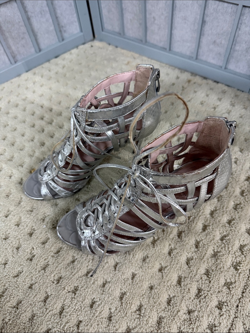 Vince Camuto Silver Lace-Up Cage Heels with Pink Lining